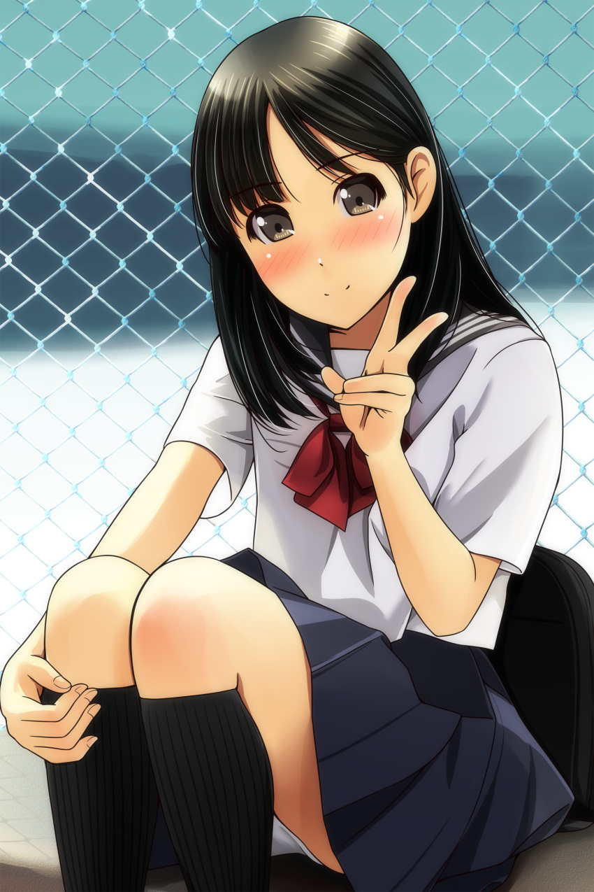 1girl absurdres bangs black_hair black_legwear black_sailor_collar blue_skirt blush bow brown_eyes chain-link_fence closed_mouth eyebrows_visible_through_hair fence fingernails hand_on_own_leg hand_up highres kneehighs long_hair looking_at_viewer matsunaga_kouyou nose_blush original panties pleated_skirt red_bow ribbed_legwear sailor_collar school_uniform serafuku shirt short_sleeves sitting skirt smile solo underwear v white_panties white_shirt