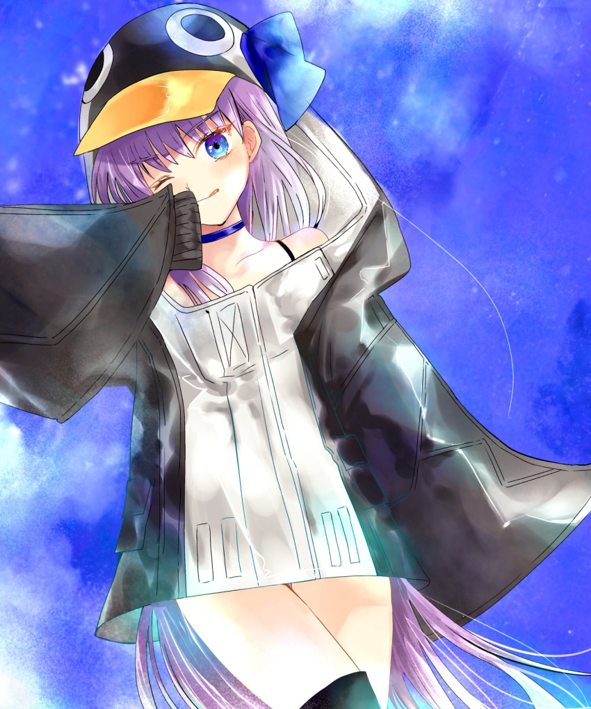 10ofton10 1girl :q animal_costume blue_background blue_eyes bow bra_strap choker collarbone eyebrows_visible_through_hair fate/extra fate/extra_ccc fate/grand_order fate_(series) hair_bow highres hood hood_up hoodie long_hair meltryllis one_eye_closed penguin_costume sleeves_past_wrists tongue tongue_out very_long_hair