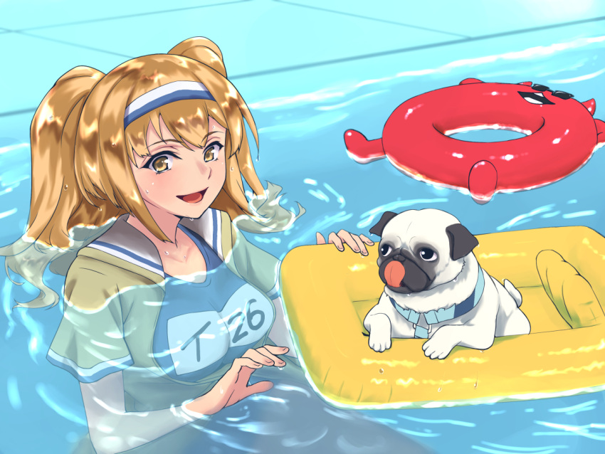 1girl bangs breasts bulldog commentary_request enemy_lifebuoy_(kantai_collection) floating hairband i-26_(kantai_collection) inflatable_raft jacket kantai_collection large_breasts light_brown_eyes light_brown_hair long_hair one-piece_swimsuit pool sailor_collar school_swimsuit shingyo standing sunglasses swimsuit two-tone_hairband two_side_up