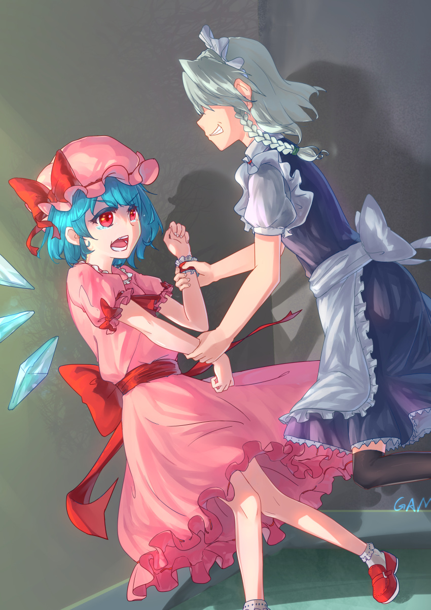 2girls absurdres alternate_eye_color apron arm_grab artist_name ascot bangs black_legwear blue_dress blue_hair bobby_socks bow braid chinese_commentary cirno colored_eyelashes commentary_request cosplay crying crying_with_eyes_open dress eyebrows_visible_through_hair feet_out_of_frame from_side gaanzi grabbing grin hat hat_bow highres ice ice_wings indoors izayoi_sakuya looking_at_another maid maid_apron maid_headdress mob_cap multiple_girls open_mouth pink_dress pink_headwear profile puffy_short_sleeves puffy_sleeves red_bow red_eyes red_footwear red_neckwear red_sash remilia_scarlet remilia_scarlet_(cosplay) sash shadow shirt shoes short_dress short_hair short_sleeves signature silver_hair smile socks tears thigh-highs touhou v-shaped_eyebrows waist_apron white_apron white_legwear white_shirt wings