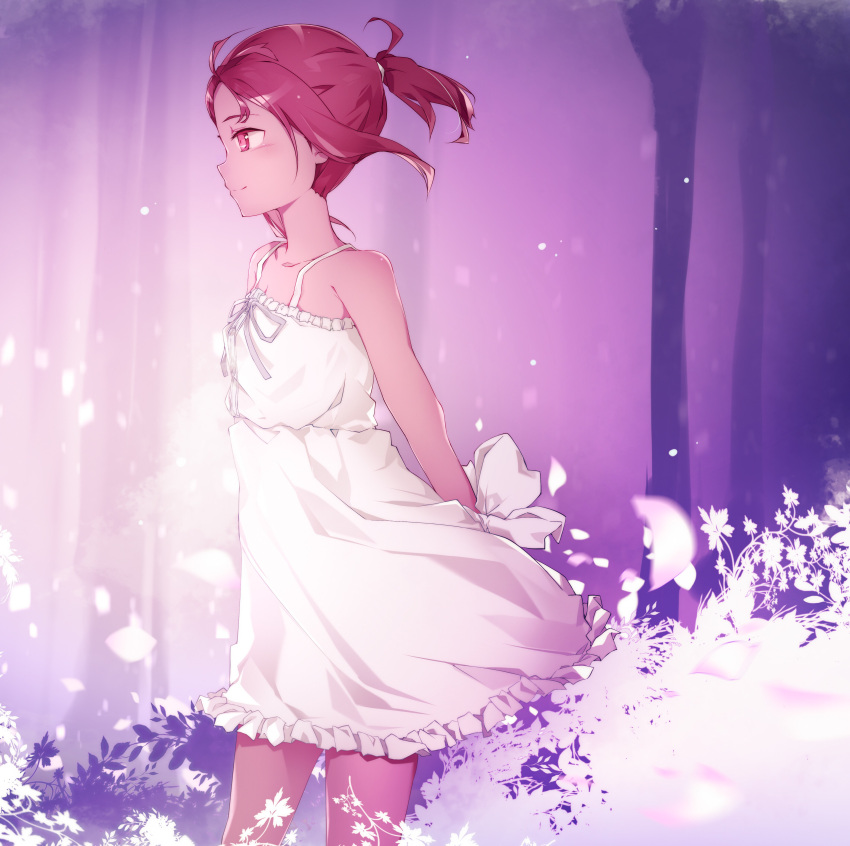 1girl absurdres blush closed_mouth dress from_side highres looking_to_the_side night_sky_sword petals pink_eyes plant ponytail profile redhead short_ponytail smile solo standing sundress white_dress wind yuuki_yuuna yuuki_yuuna_wa_yuusha_de_aru yuusha_de_aru