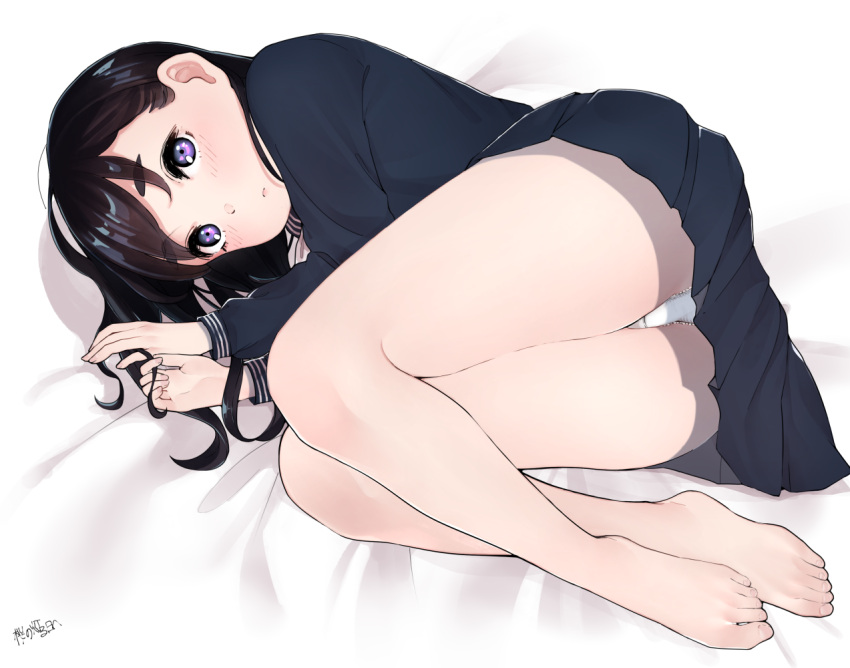 1girl artist_name ass bangs barefoot bed_sheet black_hair blush crotch_seam eyebrows_visible_through_hair feet legs_together long_hair looking_at_viewer lying on_side original panties pantyshot pantyshot_(lying) pleated_skirt sakuranotomoruhie school_uniform serafuku signature skirt solo underwear violet_eyes