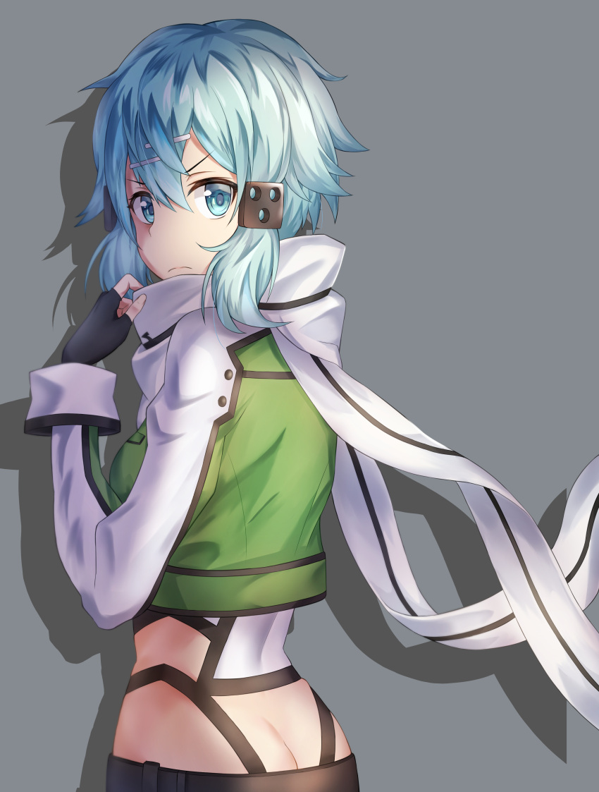 1girl absurdres angdo_(kakajo26) black_gloves blue_eyes blue_hair breasts butt_crack commentary_request from_behind frown gloves green_jacket grey_background hair_between_eyes hair_ornament hairclip highres jacket looking_at_viewer medium_breasts scarf shadow short_hair sidelocks simple_background sinon solo sword_art_online v-shaped_eyebrows white_scarf