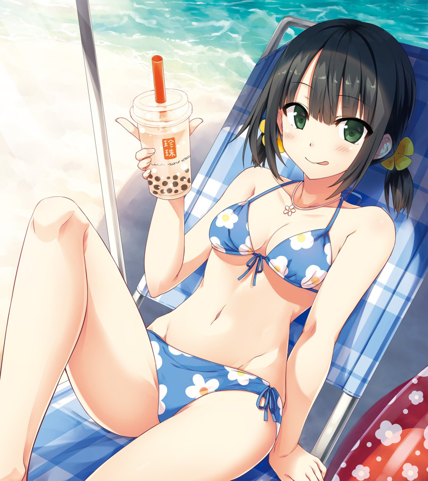 1girl arm_support beach black_hair blush breasts bubble_tea closed_mouth collarbone cup cura day eyebrows_visible_through_hair flower hair_flower hair_ornament highres holding holding_cup looking_at_viewer lying medium_breasts on_back original outdoors scan short_hair short_twintails sitting smile solo twintails