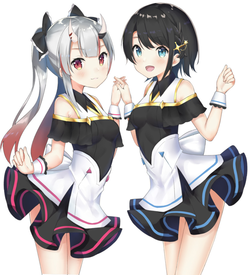 2girls :3 alternate_costume alternate_hairstyle bangs bare_shoulders black_collar black_hair blue_eyes blush bow breasts closed_mouth collar detached_sleeves dress fuji_noyume hair_bow hair_ornament hairclip highres holding_hands hololive horns long_hair medium_breasts medium_hair multicolored_hair multiple_girls nakiri_ayame oozora_subaru open_mouth ponytail red_eyes shoulder_cutout skirt two-tone_hair virtual_youtuber white_hair white_sleeves