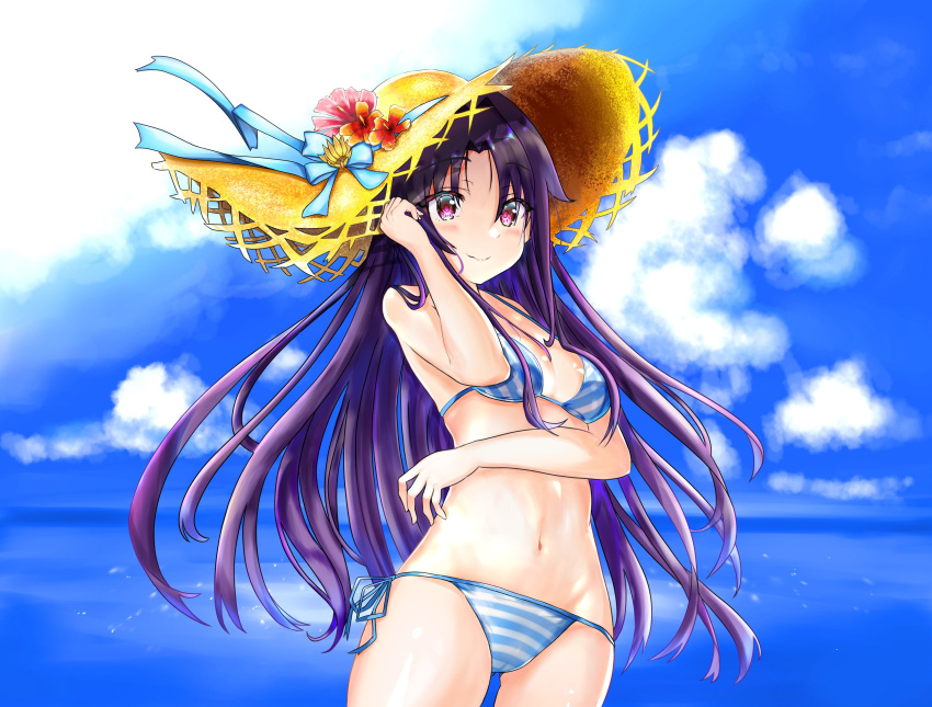 1girl absurdres alternate_costume bare_arms bare_shoulders bikini blue_bikini blue_ribbon breasts commentary_request day eyebrows_visible_through_hair flower hat hat_flower hat_ribbon highres long_hair medium_breasts navel outdoors purple_hair red_eyes red_flower ribbon smile solo straw_hat sugi-shi_(user_mwkp7542) sun_hat swimsuit sword_art_online yuuki_(sao)