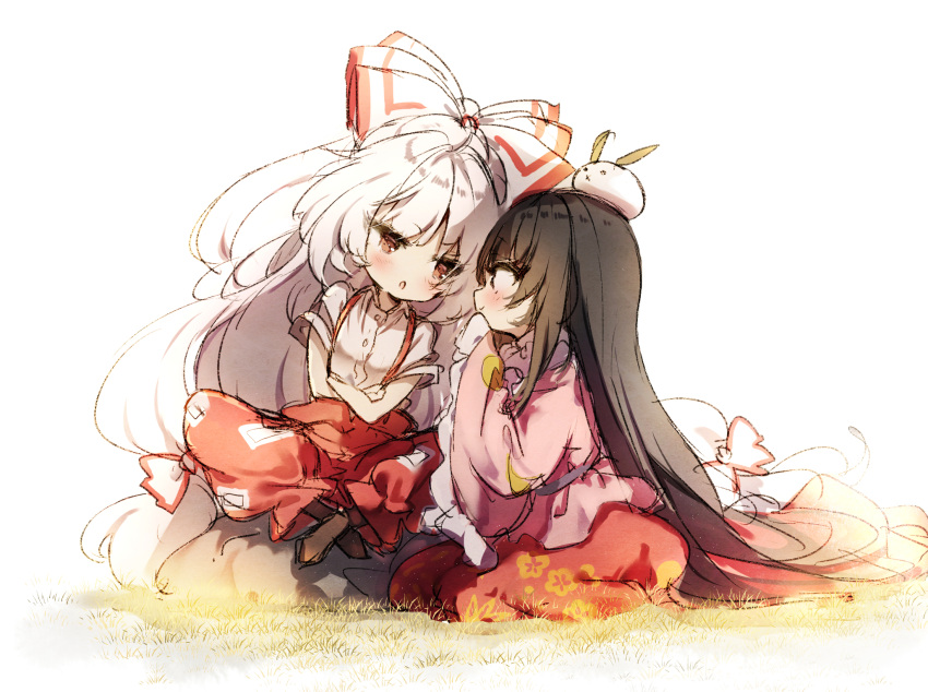 2girls alternate_eye_color animal animal_on_head bangs black_hair black_legwear blush bow brown_eyes chibi commentary_request crossed_arms eyebrows_visible_through_hair floral_print frilled_sleeves frills from_side fujiwara_no_mokou grass hair_bow highres houraisan_kaguya indian_style long_hair long_sleeves looking_at_another multiple_girls no_shoes ofuda on_head open_mouth pants pink_shirt piyokichi profile rabbit red_pants red_skirt rock shirt short_sleeves sidelocks silver_hair simple_background sitting sketch skirt smile socks suspenders touhou very_long_hair white_background white_bow white_shirt wide_sleeves