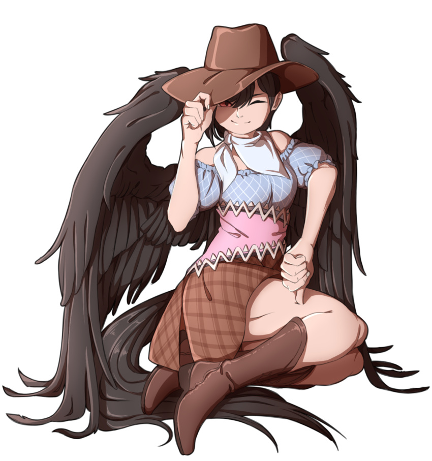 1girl bare_shoulders black_hair black_wings boots brown_footwear cowboy_boots cowboy_hat dress feathered_wings hand_on_headwear hand_on_own_thigh hat highres horse_tail kurokoma_saki looking_at_viewer mefomefo off-shoulder_dress off_shoulder one_eye_closed puffy_short_sleeves puffy_sleeves red_eyes scarf short_sleeves sitting smile solo tail thumbs_down touhou white_scarf wings yokozuwari