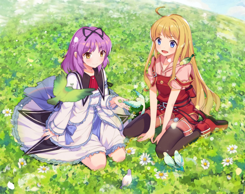 2girls ahoge animal animal_on_shoulder bird bird_on_shoulder black_legwear blonde_hair blue_eyes day douwo_mkd dress eiyuu_densetsu eyebrows_visible_through_hair field flower flower_field full_body hair_ribbon highres long_hair long_sleeves looking_at_another multiple_girls no_hat no_headwear open_mouth outdoors overall_shorts overalls pantyhose petals purple_hair red_footwear renne ribbon seiza shoes short_hair short_sleeves sitting smile sora_no_kiseki straight_hair tita_russell wariza white_dress yellow_eyes