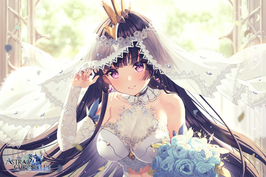 1girl astral_chronicles bare_shoulders blurry blurry_background blush bouquet breasts bridal_veil bride day dress earrings english_commentary flower gloves holding holding_bouquet indoors jewelry large_breasts logo long_hair looking_at_viewer nozomi_yuki_(astral_chronicles) official_art purple_hair rosuuri smile solo veil violet_eyes wedding_dress white_dress