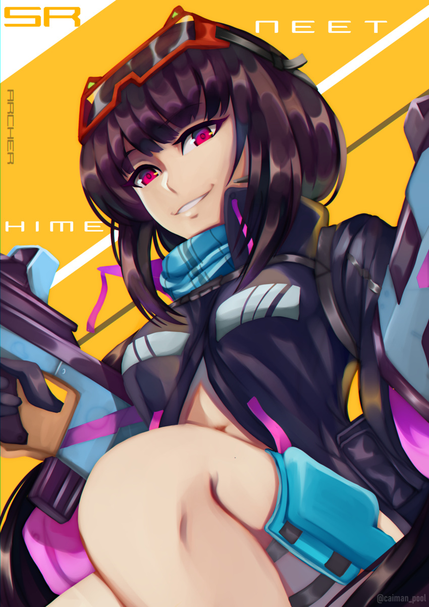 1girl absurdres bare_legs black_gloves black_hair breasts caiman-pool fate/grand_order fate_(series) gloves goggles goggles_on_head gun highres jacket navel osakabe-hime_(fate/grand_order) osakabe-hime_(swimsuit_archer)_(fate) smirk thigh_strap thighs violet_eyes weapon