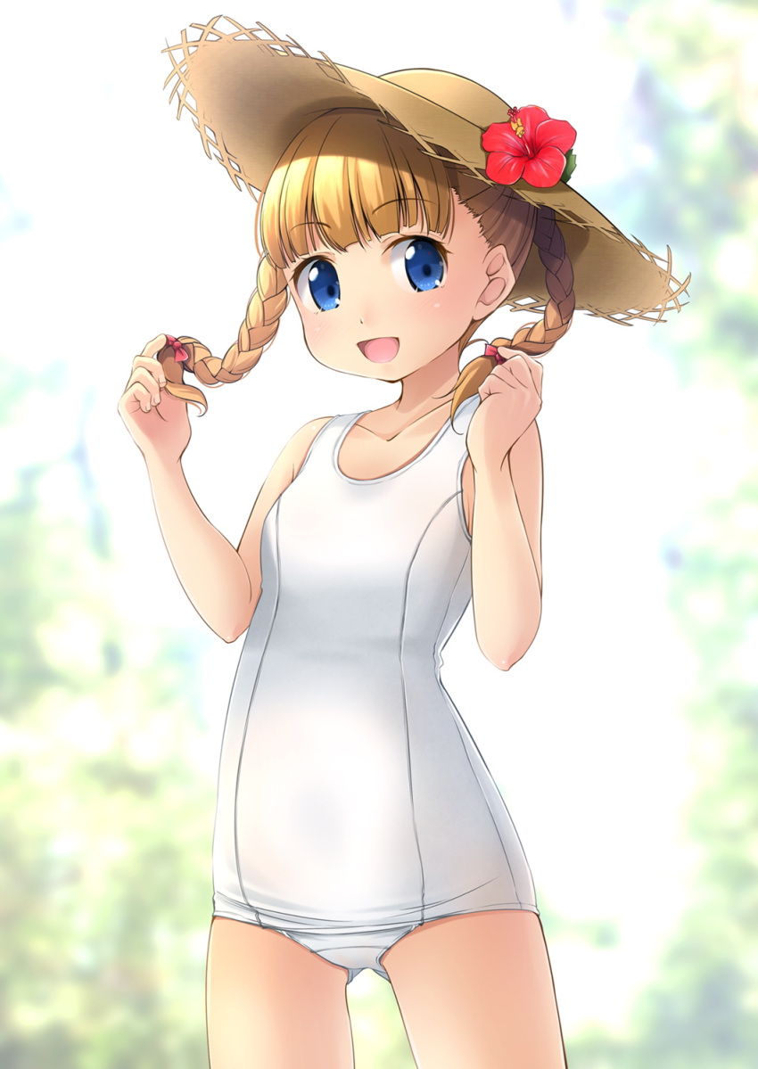 1girl :d ass_visible_through_thighs backlighting bangs blonde_hair bloom blue_eyes blunt_bangs blurry blush braid breasts collarbone cowboy_shot crotch_seam day depth_of_field eyebrows_visible_through_hair flower hands_up hat hat_flower hibiscus highres looking_at_viewer old_school_swimsuit open_mouth original outdoors school_swimsuit shibacha small_breasts smile solo standing straw_hat swimsuit twin_braids twintails white_school_swimsuit white_swimsuit