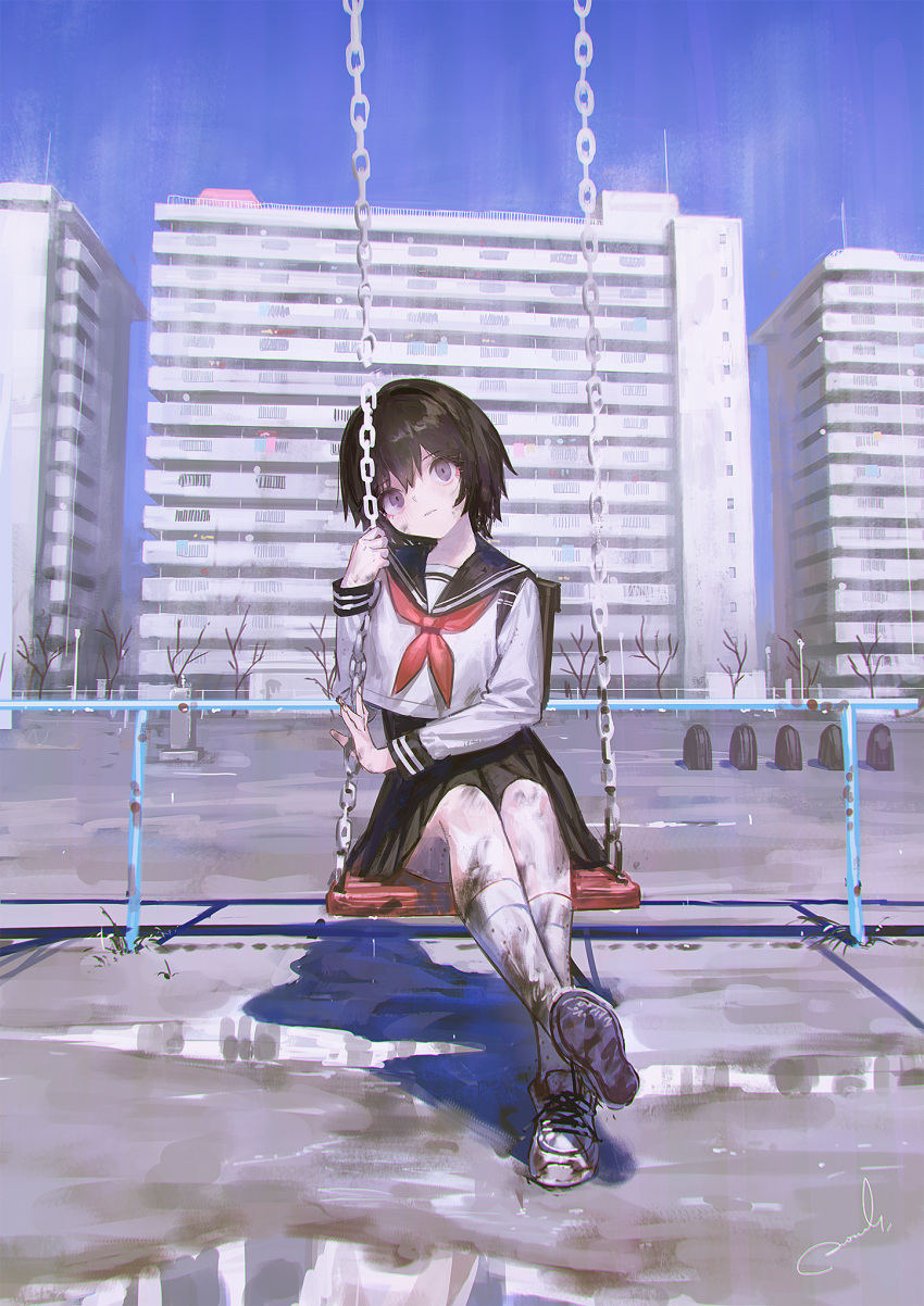 1girl bare_tree black_hair building city dirty dirty_clothes head_tilt highres looking_at_viewer muted_color original puddle railing reoen school_uniform serafuku shadow shoes short_hair signature sitting sneakers solo swing tree violet_eyes