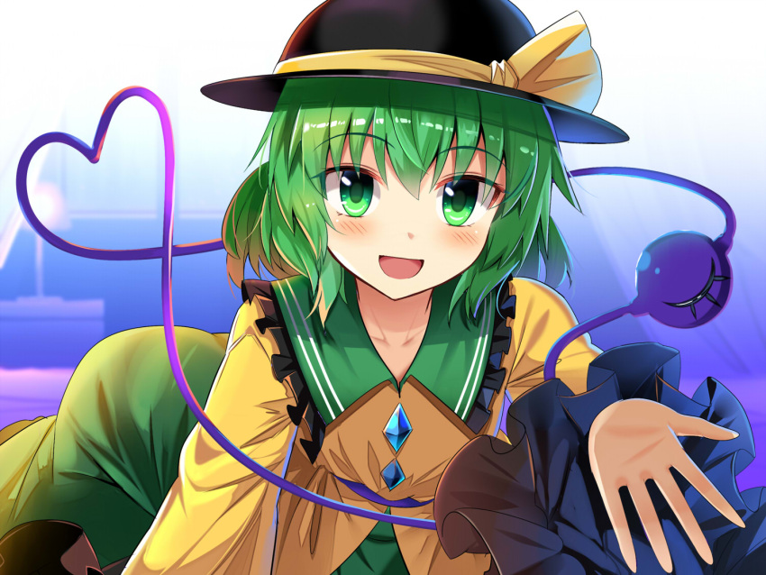 1girl :d bangs black_headwear blush collarbone commentary_request e.o. eyebrows_visible_through_hair frilled_shirt_collar frilled_sleeves frills green_eyes green_hair green_skirt hair_between_eyes hat hat_ribbon heart heart_of_string komeiji_koishi long_sleeves looking_at_viewer open_mouth ribbon shirt short_hair skirt smile solo third_eye touhou upper_body wide_sleeves yellow_ribbon yellow_shirt