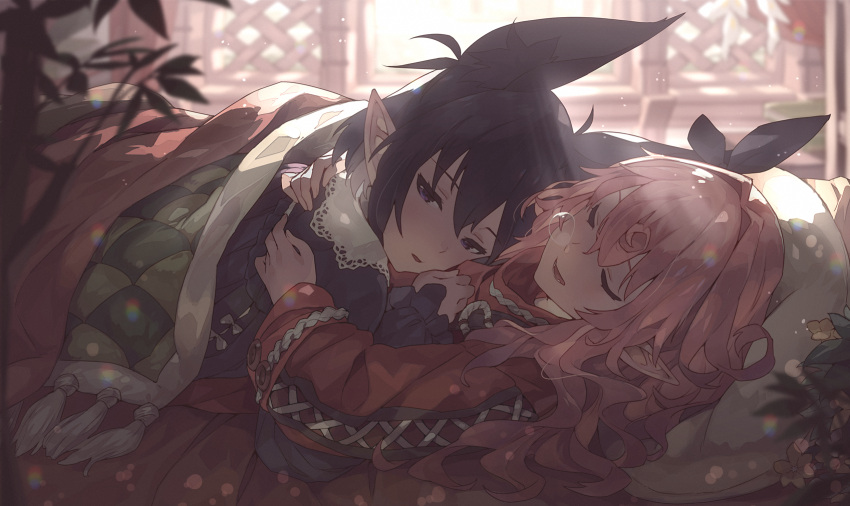 2girls =_= animal_ear_fluff animal_ears backlighting bangs bed black_hair black_ribbon black_shirt blanket blurry blurry_foreground blush checkered closed_eyes collared_shirt commentary_request day depth_of_field frilled_sleeves frills hair_between_eyes hair_intakes hair_ribbon half-closed_eyes highres hug indoors lace_trim light light_rays long_hair long_sleeves lying mano_(narumi_arata) multiple_girls narumi_arata nose_bubble on_back on_bed original parted_lips pillow pink_hair plant pointy_ears recri red_shirt revision ribbon shirt short_hair sidelocks sleeping sleeves_past_wrists teeth violet_eyes wavy_hair window