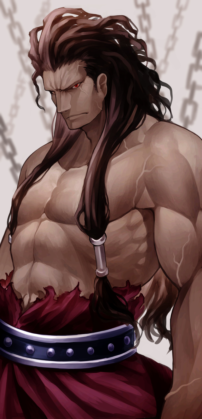 1boy abs absurdres berserker black_hair chain clothing_request collarbone commentary_request fate/grand_order fate_(series) highres kamonegi_(meisou1998) long_hair looking_at_viewer muscle red_eyes sidelocks solo topless torn_clothes veins