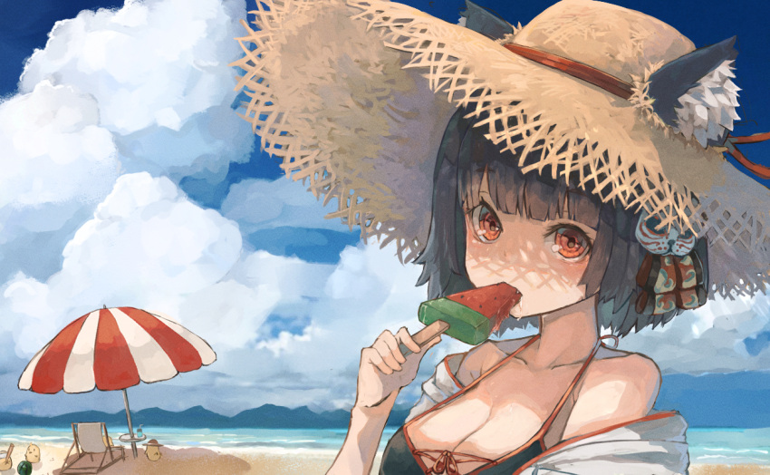 animal_ear_fluff animal_ears azur_lane bangs beach beach_umbrella bikini black_hair blunt_bangs cat_ears cat_mask clouds cloudy_sky fang food fox_mask fruit hat manjuu_(azur_lane) mask mask_on_head nyucha ocean off_shoulder red_eyes sky straw_hat swimsuit umbrella watermelon yamashiro_(azur_lane)