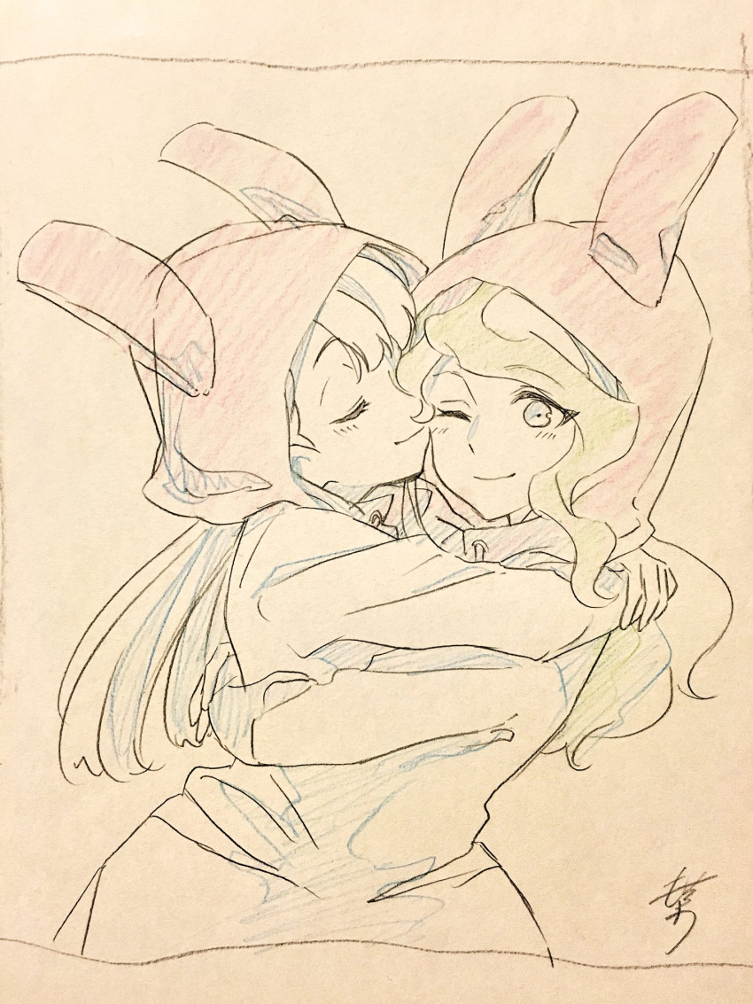 alternate_costume animal_ears blue_eyes blush closed_eyes diana_cavendish hand_on_another's_shoulder happy headwear highres hug kagari_atsuko kiss little_witch_academia long_hair long_sleeves looking_at_viewer mochiro_lwa monochrome multicolored_hair one_eye_closed pajamas rabbit_ears simple_background sketch smile two-tone_hair wavy_hair