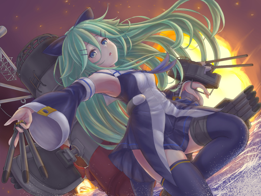 1girl armpits bangs bare_shoulders black_bow black_legwear black_serafuku blue_eyes bow commentary_request detached_sleeves em_s explosion eyebrows_visible_through_hair floating_hair green_hair hair_between_eyes hair_bow hair_ornament hairclip highres holding holding_torpedo kantai_collection long_hair looking_at_viewer ocean open_mouth outstretched_arm parted_bangs plaid plaid_skirt pose rigging school_uniform serafuku skirt solo thigh-highs torpedo torpedo_tubes wide_sleeves yamakaze_(kantai_collection) zettai_ryouiki