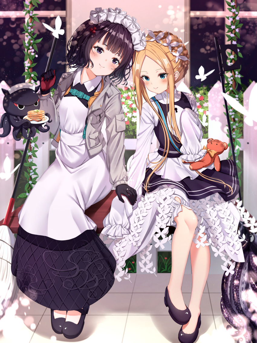 2girls abigail_williams_(fate/grand_order) absurdres alternate_costume animal apron bangs bench black_bow black_dress black_footwear black_gloves black_hair black_skirt blonde_hair blue_eyes blush bow braid breasts bug butterfly butterfly_hair_ornament closed_mouth collared_dress commentary_request dress enmaided fate/grand_order fate_(series) fence flower food forehead french_braid gloves grey_jacket hair_bow hair_ornament hands_together heart heroic_spirit_festival_outfit heroic_spirit_traveling_outfit highres huge_filesize indoors insect jacket katsushika_hokusai_(fate/grand_order) keyhole long_hair long_sleeves looking_at_viewer maid maid_headdress multiple_girls octopus open_clothes open_jacket orange_bow pancake parted_bangs plate polka_dot polka_dot_bow purple_hair red_flower revision shirt shoes short_hair sidelocks sitting skirt sleeveless sleeveless_dress sleeves_past_fingers sleeves_past_wrists smile stuffed_animal stuffed_toy suction_cups teddy_bear tentacles tokitarou_(fate/grand_order) very_long_hair violet_eyes white_apron white_dress white_flower white_shirt window xue_lu