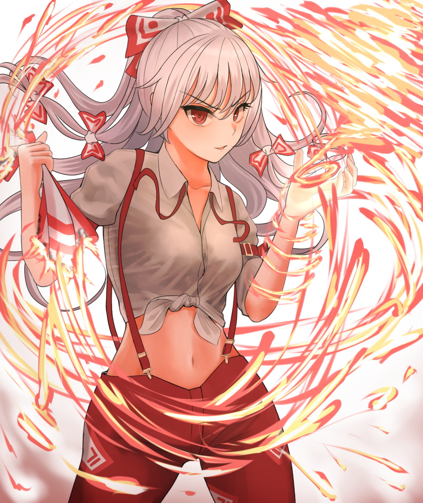 &gt;:) 1girl bangs bow breasts collarbone commentary_request cowboy_shot eyebrows_visible_through_hair fire flame fujiwara_no_mokou gradient gradient_background grey_background hair_between_eyes hair_bow hands_up highres long_hair looking_at_viewer medium_breasts midriff navel ofuda pants parted_lips partial_commentary puffy_short_sleeves puffy_sleeves red_eyes red_pants shirt short_sleeves silver_hair sleeves_rolled_up smile solo standing stomach suspenders testame tied_shirt touhou v-shaped_eyebrows white_background white_bow