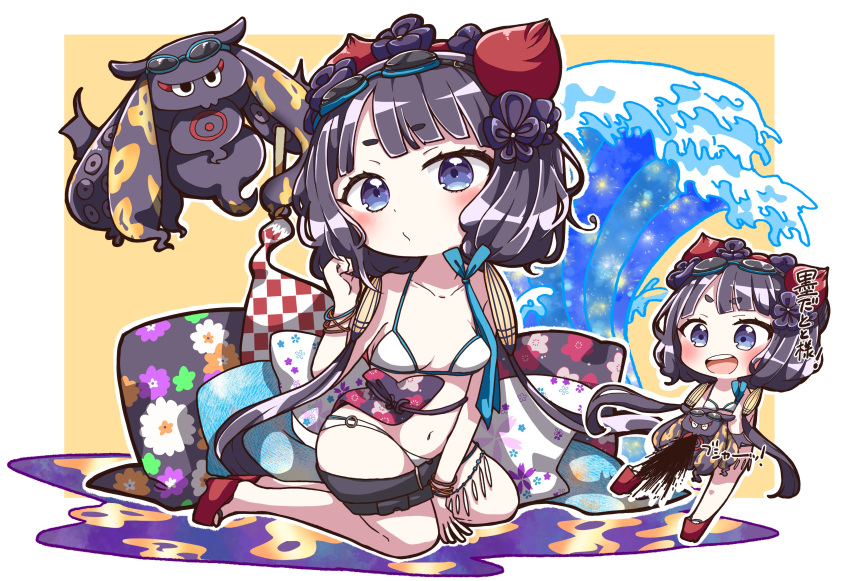 1girl absurdres animal bangle bangs bare_shoulders between_legs bikini blue_eyes blunt_bangs blush bracelet breasts brown_background checkered chibi closed_mouth collarbone commentary_request eyebrows_visible_through_hair fate/grand_order fate_(series) floral_print goggles goggles_on_head hair_ornament hand_between_legs hand_up highres ink jako_(jakoo21) jewelry katsushika_hokusai_(fate/grand_order) katsushika_hokusai_(swimsuit_saber)_(fate) long_hair looking_at_viewer low_twintails medium_breasts navel o-ring o-ring_bikini o-ring_bottom octopus outline platform_footwear purple_hair red_footwear short_eyebrows sitting swimsuit thick_eyebrows tokitarou_(fate/grand_order) translated twintails two-tone_background very_long_hair water waves white_background white_bikini white_outline