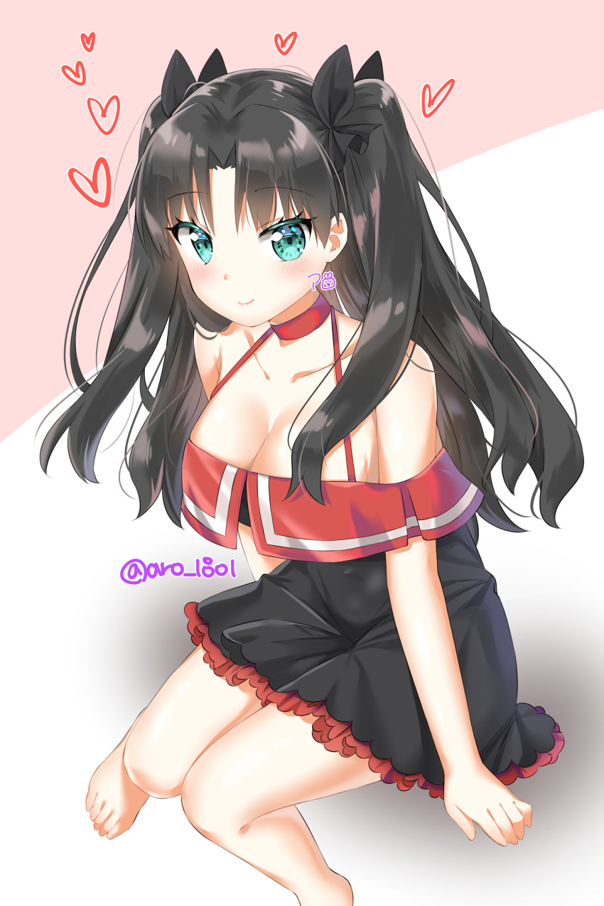 1girl absurdres aro_1801 artist_name bare_shoulders black_dress black_hair black_ribbon blush collarbone commentary cute dress emiya-san_chi_no_kyou_no_gohan fate/grand_order fate/stay_night fate_(series) green_eyes hair_ribbon heart highres long_hair looking_at_viewer moe red_dress ribbon sitting smile solo tohsaka_rin toosaka_rin two_side_up type-moon ufotable