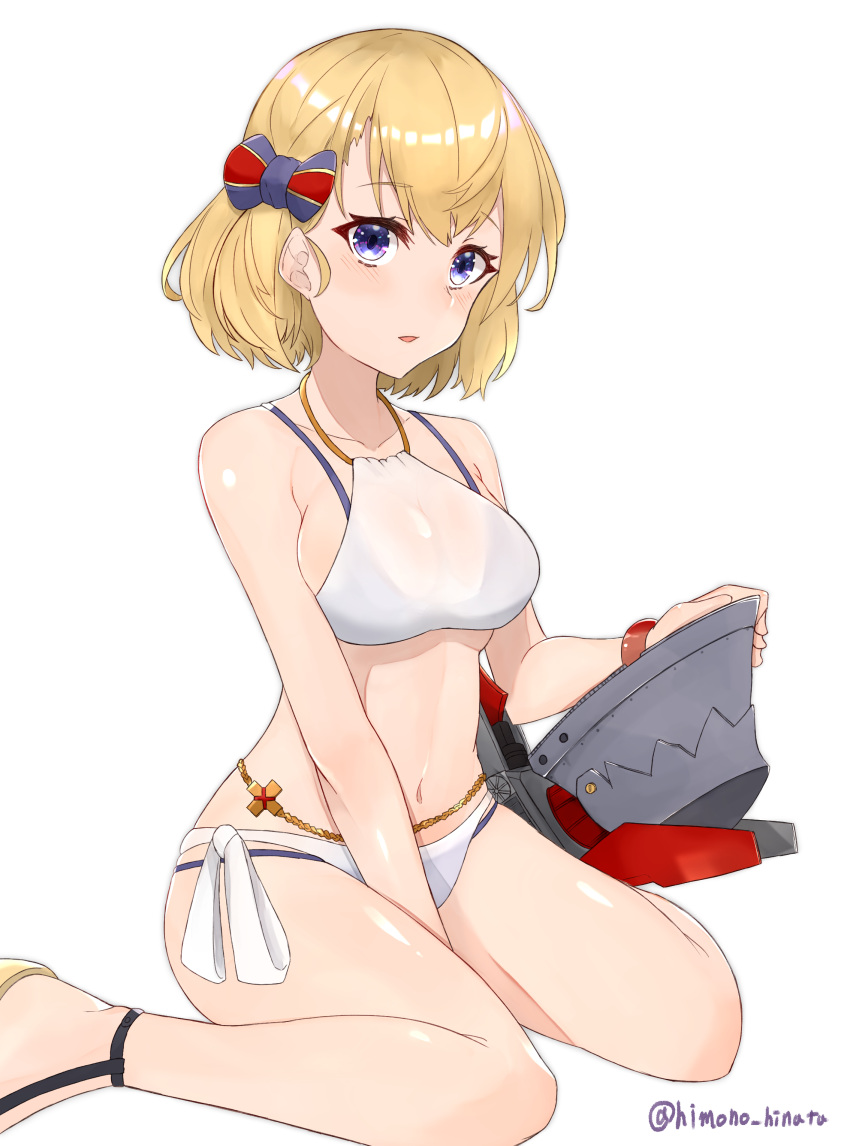 1girl absurdres arm_between_legs azur_lane bikini blonde_hair blue_eyes blush bracelet breasts hair_ribbon highres himono_hinata jewelry looking_at_viewer medium_breasts navel ribbon short_hair sideboob sitting solo swimsuit twitter_username wariza white_background white_bikini z23_(azur_lane)