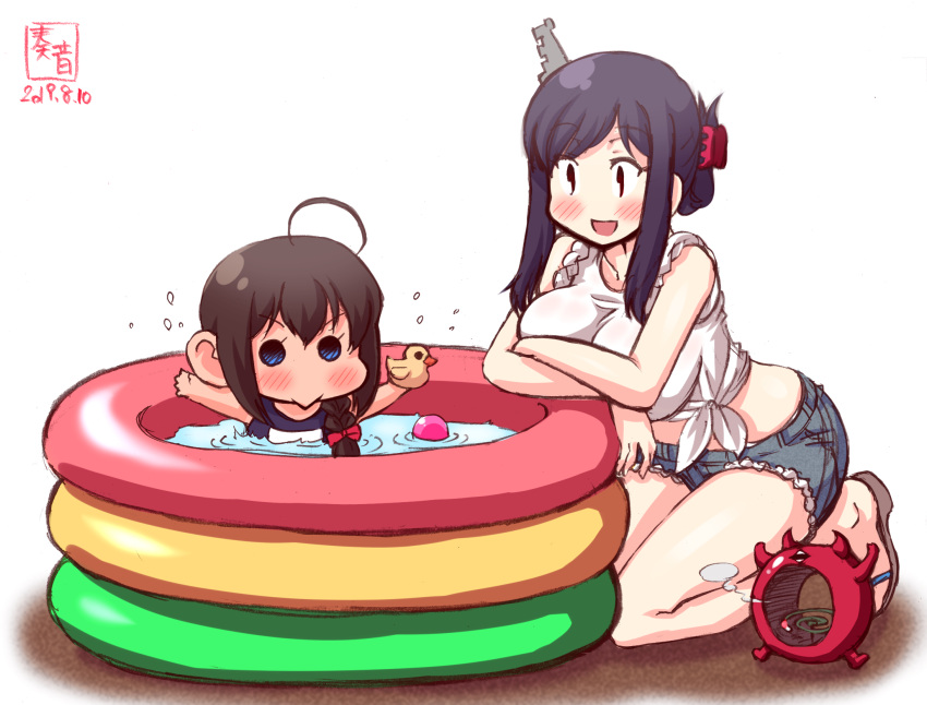 2girls ahoge alternate_costume artist_logo beanie black_hair blue_eyes blue_shorts blush braid brown_hair commentary_request cutoffs dated denim denim_shorts enemy_lifebuoy_(kantai_collection) eyebrows_visible_through_hair folded_ponytail hair_ornament hair_over_shoulder hat highres kanon_(kurogane_knights) kantai_collection long_hair mosquito_coil multiple_girls one-piece_swimsuit open_mouth partially_submerged red_eyes rubber_duck school_swimsuit shigure_(kantai_collection) shirt short_shorts shorts signature simple_background sleeves_rolled_up smile swimsuit tied_shirt wading_pool water white_background white_shirt yamashiro_(kantai_collection) younger