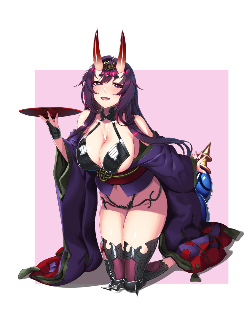 1girl absurdres bare_shoulders breasts cosplay cup fate/grand_order fate_(series) headpiece hiememiko highres horns japanese_clothes kimono large_breasts long_hair off-shoulder_kimono off_shoulder oni_horns open_clothes open_kimono open_mouth purple_hair purple_kimono revealing_clothes sakazuki shuten_douji_(fate/grand_order) shuten_douji_(fate/grand_order)_(cosplay) violet_eyes