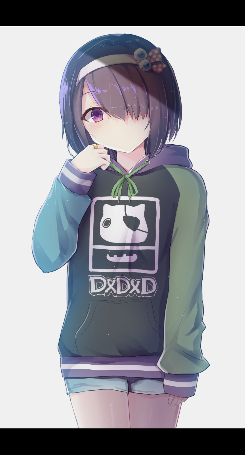1girl absurdres blush closed_mouth expressionless eyebrows_visible_through_hair gabriel_dropout hair_over_one_eye highres hood hood_down hoodie jewelry kurona_mei letterboxed long_sleeves looking_at_viewer purple_hair ring short_hair simple_background solo tapris_sugar_step tenma-gav violet_eyes white_background