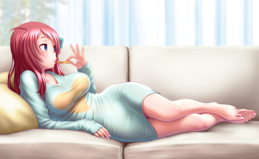 1girl ahoge arm_support bare_legs barefoot blue_dress blue_eyes blush breasts chips couch curtains dress fingernails food full_body hair_ornament heart heart_print holding holding_food indoors large_breasts long_fingernails long_hair long_sleeves long_toenails lying minamoto_sakura on_couch on_side pillow pink_hair sleeves_past_wrists solo toenails toes wide_hips wokada zombie_land_saga