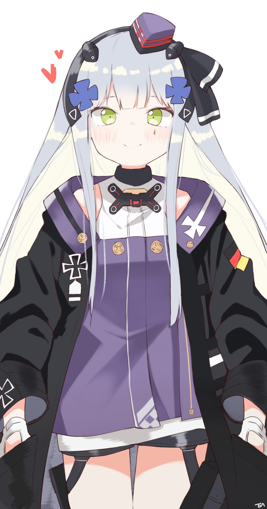 1girl bangs black_hairband black_jacket black_ribbon black_shorts blush closed_mouth commentary eyebrows_behind_hair facial_mark girls_frontline gloves green_eyes hair_ornament hairband hands_in_pockets hat heart highres hk416_(girls_frontline) jacket long_hair long_sleeves mini_hat open_clothes open_jacket purple_headwear purple_jacket ribbon short_shorts shorts sidelocks silver_hair simple_background smile solo tilted_headwear tosyeo very_long_hair white_background white_gloves
