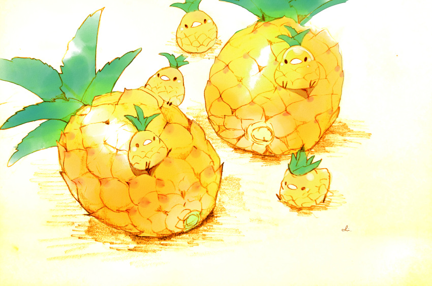 5others artist_name bird chai commentary_request food fruit highres multiple_others no_humans original pineapple sitting_on_food