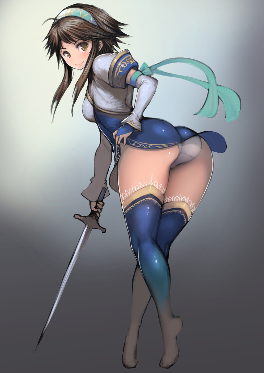 1girl absurdres ahoge aqua_hairband aqua_ribbon arm_ribbon ass blue_legwear breasts bridal_gauntlets brown_eyes brown_hair chai_xianghua crossed_legs dress full_body gradient gradient_background hairband hand_on_hip highres holding holding_sword holding_weapon johan_(johan13) long_hair microdress panties ribbon short_sleeves small_breasts solo soulcalibur sword thigh-highs thighs tiptoes twisted_torso underwear watson_cross weapon white_panties