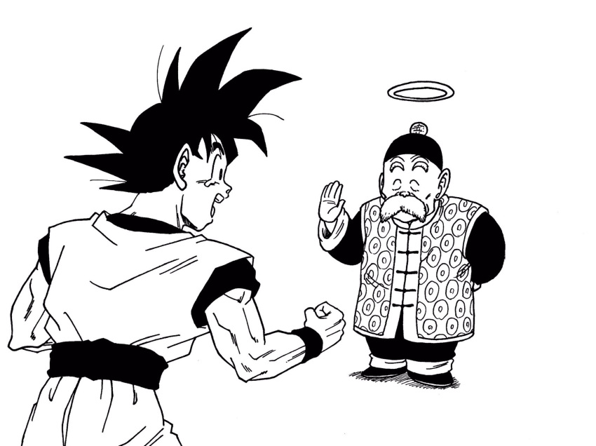 2boys :d ^_^ age_difference arm_behind_back black_eyes black_hair chinese_clothes clenched_hands closed_eyes commentary_request crying crying_with_eyes_open dougi dragon_ball dragon_ball_(classic) dragon_ball_z facial_hair facing_away from_behind full_body grandfather_and_grandson grandpa_gohan halo hand_up happy happy_tears hat highres lee_(dragon_garou) monochrome multiple_boys mustache old_man open_mouth profile salute shadow simple_background smile son_gokuu spiky_hair standing tears teeth thick_eyebrows white_background wrinkles wristband