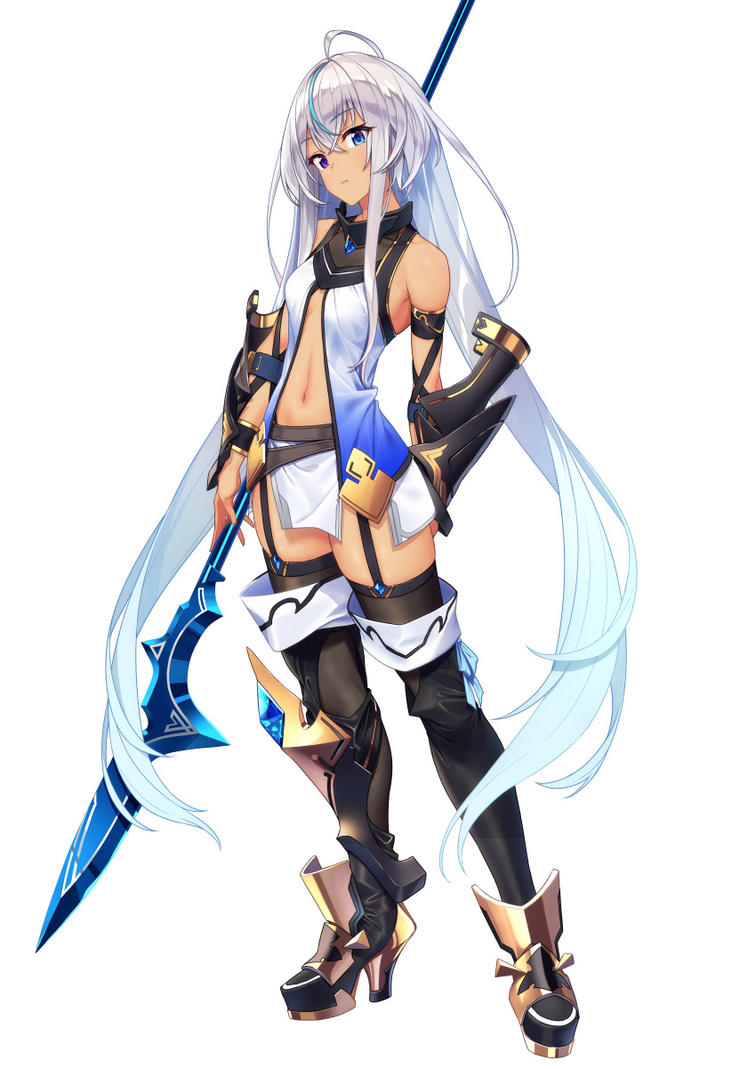 1girl absurdres armored_boots baffu bare_shoulders belt black_legwear blue_eyes boots bracer breasts dark_skin full_body garter_straps greaves heterochromia high_heels highres holding holding_spear holding_weapon long_hair looking_at_viewer navel original polearm silver_hair simple_background skirt solo spear thigh-highs very_long_hair violet_eyes weapon white_background