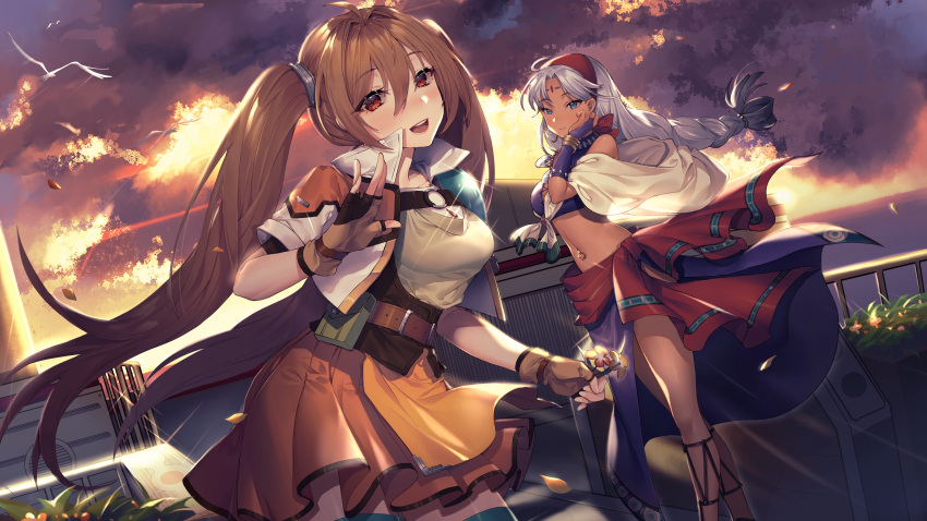 2girls absurdres bangs belt belt_pouch bird blue_eyes blush braid breasts brown_hair clouds cloudy_sky cowboy_shot cropped_jacket dusk earrings eiyuu_densetsu estelle_bright eyebrows_visible_through_hair fingerless_gloves flower forehead_jewel gloves hair_between_eyes hairband highres holding holding_flower hoop_earrings iiiroha jacket jewelry long_hair looking_at_viewer medium_breasts midriff miniskirt multiple_girls navel navel_piercing open_mouth outdoors parted_bangs piercing pouch red_eyes sarong scherazard_harvey shirt short_sleeves silver_hair skirt sky smile sora_no_kiseki strapless thighs tubetop twintails wind