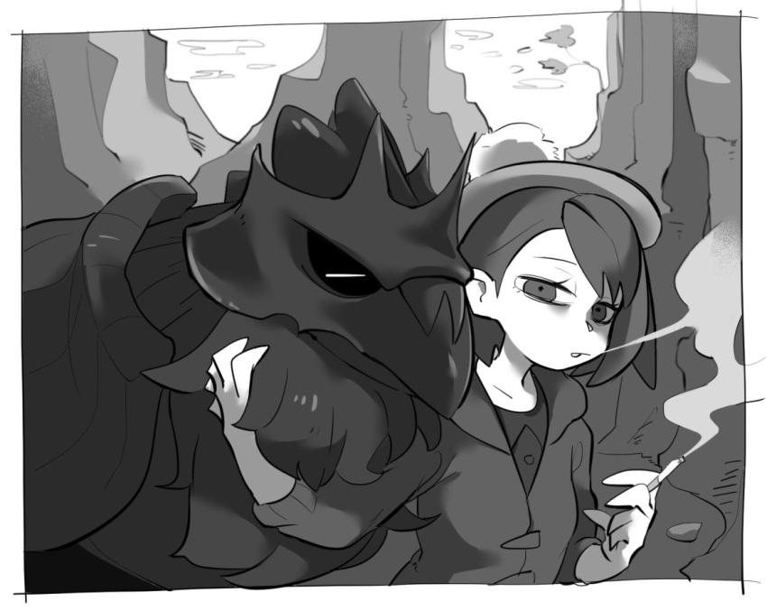 bird chillarism cigarette closed_eyes corviknight female_protagonist_(pokemon_swsh) gen_8_pokemon grayscale looking_at_viewer monochrome smoking