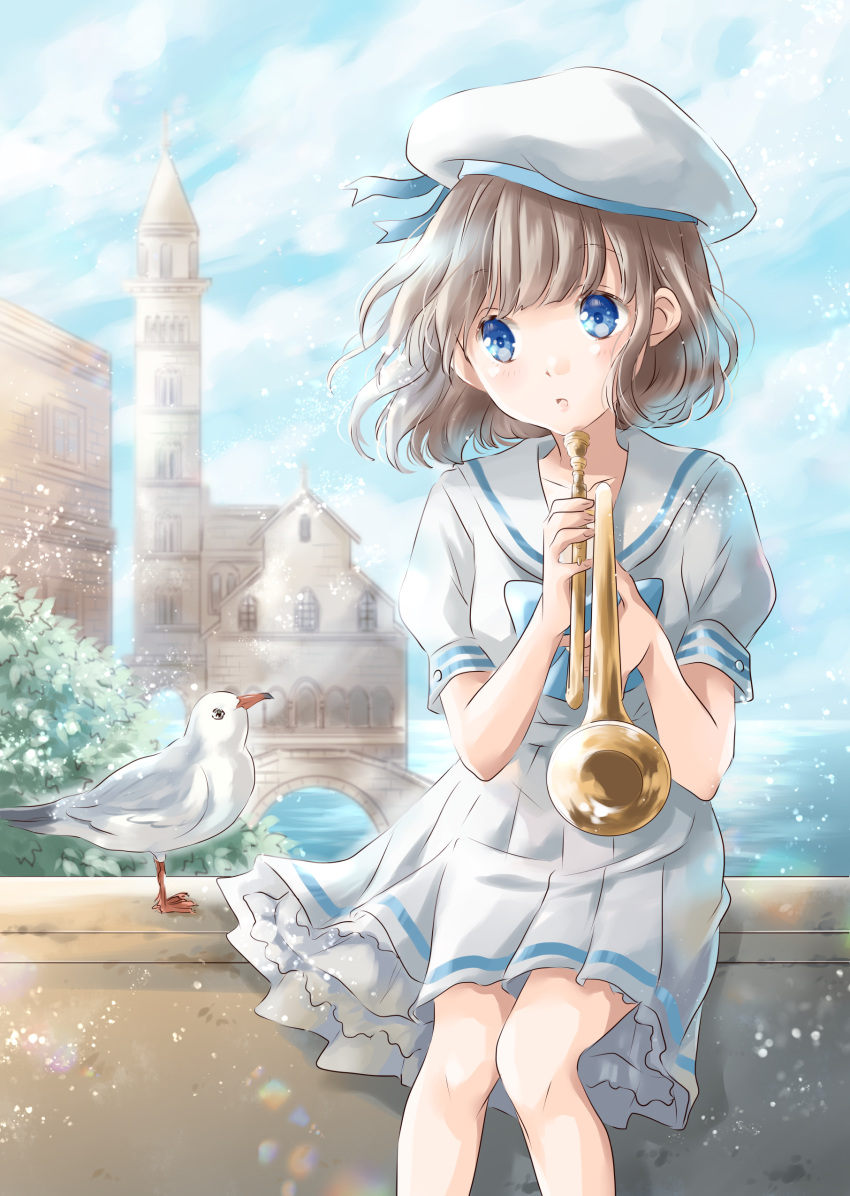 1girl :o absurdres architecture arms_up bangs bird blue_bow blue_eyes blue_neckwear blue_sky blurry bow bridge clouds collarbone commentary_request day depth_of_field dress eyebrows_visible_through_hair feet_out_of_frame hair_blowing hat highres holding holding_instrument hoshiibara_mato instrument knees_together lens_flare light_brown_hair looking_at_viewer original outdoors petticoat pleated_skirt sailor_collar sailor_dress sailor_hat seagull sitting skirt sky solo tower trumpet white_dress white_sailor_collar wind wind_lift