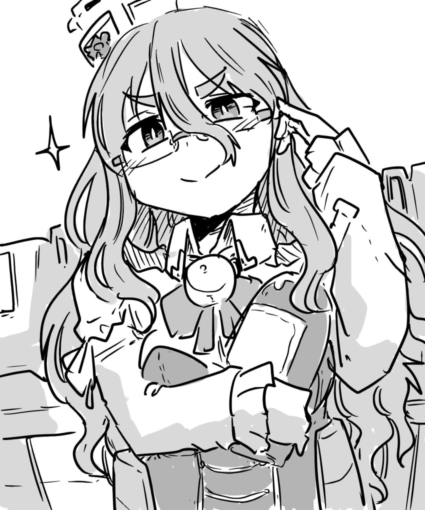 1girl adjusting_eyewear ascot bangs blush bottle breasts closed_mouth collared_shirt corset eyebrows_visible_through_hair frilled_sleeves frills glasses greyscale hair_between_eyes hair_ornament hat highres holding holding_bottle kantai_collection long_hair long_sleeves looking_at_viewer machinery mini_hat monochrome pola_(kantai_collection) poyo_(hellmayuge) rigging shirt simple_background smile solo sparkle thick_eyebrows tilted_headwear upper_body wavy_hair white_background wine_bottle