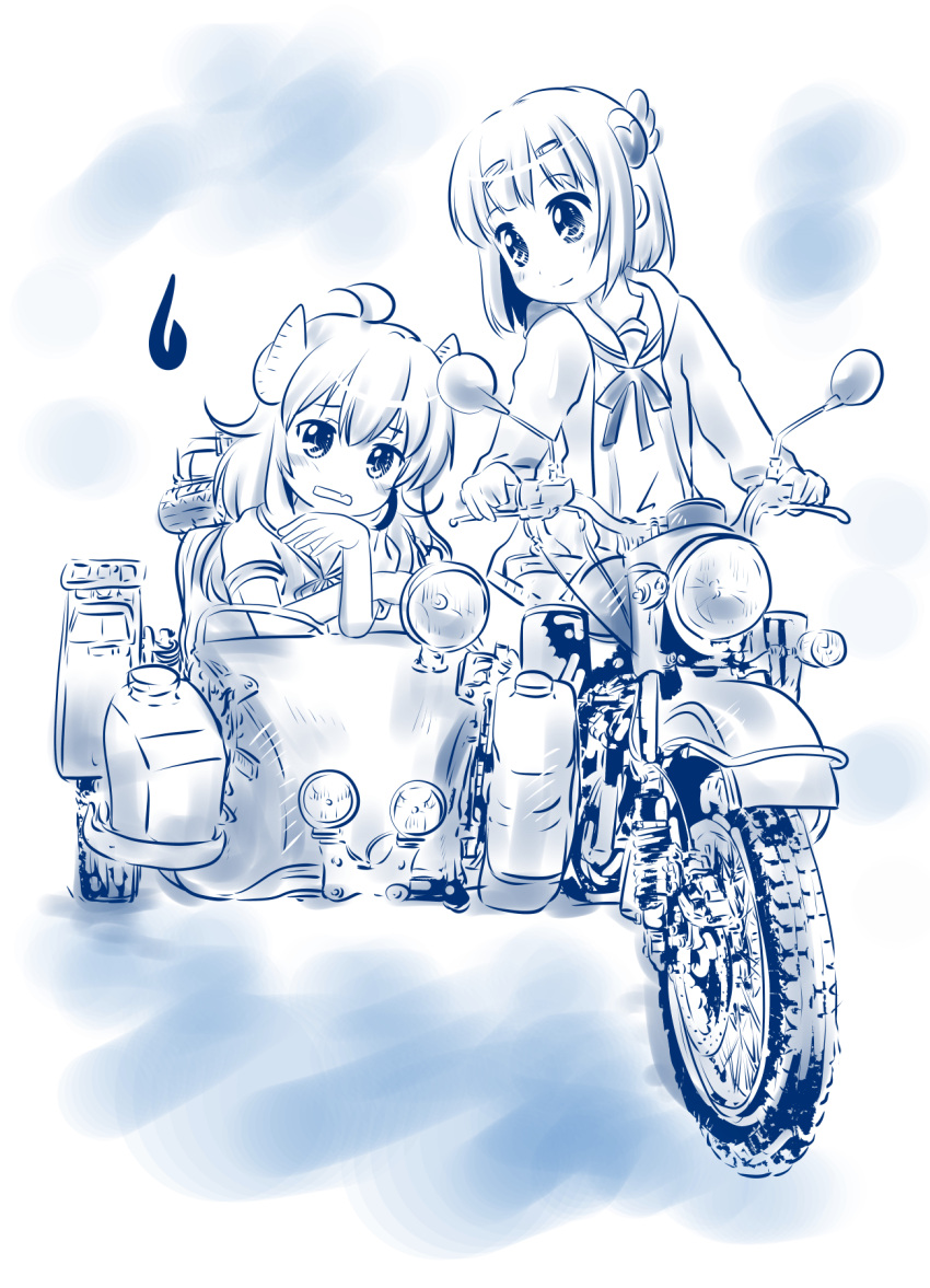 ahoge becoma chiyoda_momo demon_girl demon_horns eyebrows_visible_through_hair fang ground_vehicle headlight highres horns long_hair machikado_mazoku motor_vehicle motorcycle multiple_girls on_motorcycle school_uniform sidecar sweatdrop yoshida_yuuko_(machikado_mazoku)