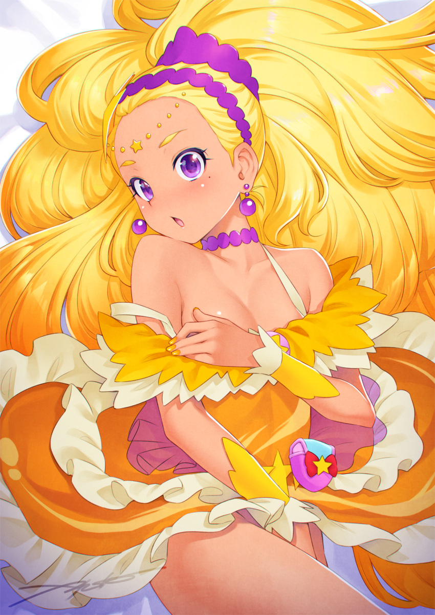 1girl :o amamiya_erena bare_shoulders bed_sheet blonde_hair blush breasts choker collarbone covering covering_breasts covering_crotch cure_soleil dark_skin dress earrings from_above hairband head_tilt highres jewelry kazuma_muramasa long_hair looking_at_viewer lying magical_girl mole mole_under_eye nail_polish off-shoulder_dress off_shoulder on_back open_mouth orange_dress pouch precure purple_choker purple_hairband shiny shiny_hair short_dress signature small_breasts solo star star_twinkle_precure strap_slip very_long_hair violet_eyes wrist_cuffs yellow_nails