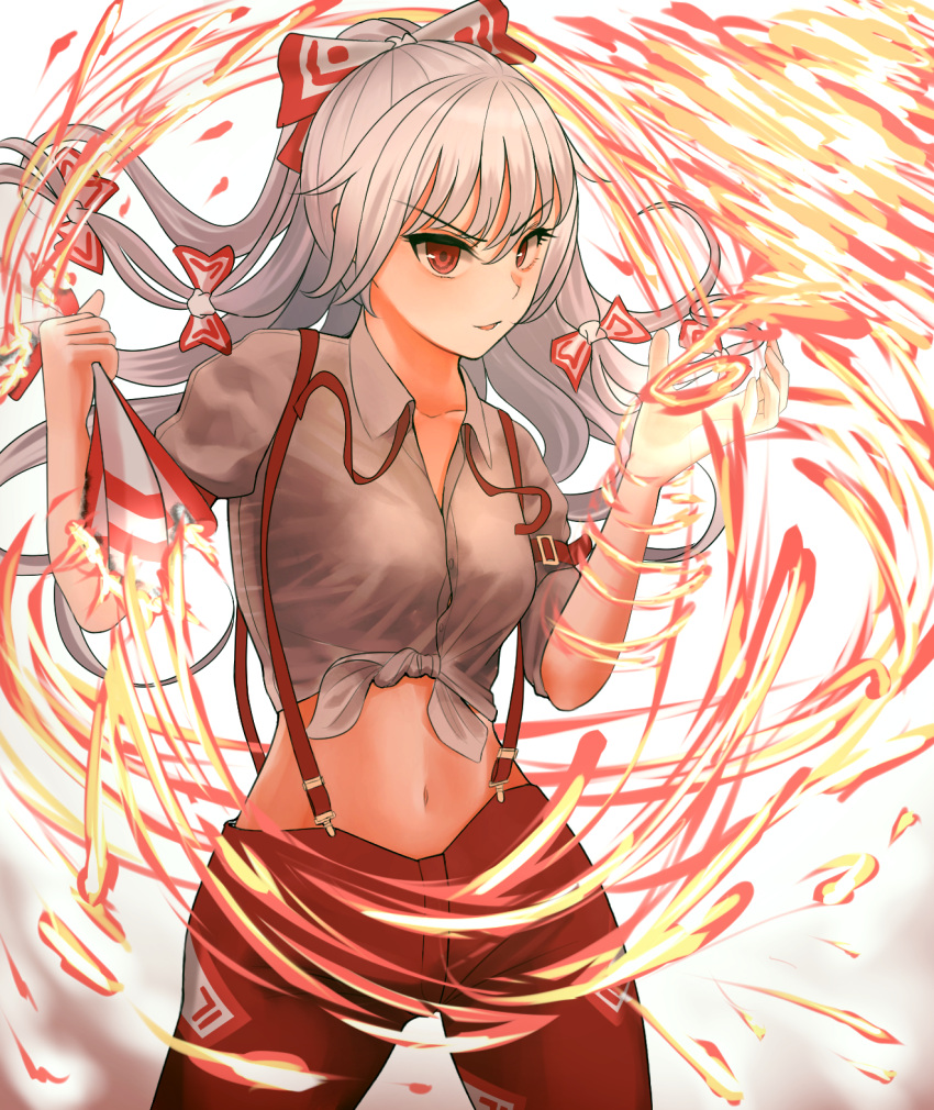 &gt;:) 1girl bangs bow breasts collarbone commentary_request cowboy_shot eyebrows_visible_through_hair fire flame fujiwara_no_mokou gradient gradient_background grey_background hair_between_eyes hair_bow hands_up highres long_hair looking_at_viewer medium_breasts midriff navel ofuda pants parted_lips partial_commentary puffy_short_sleeves puffy_sleeves red_eyes red_pants revision shirt short_sleeves silver_hair sleeves_rolled_up smile solo standing stomach suspenders testame tied_shirt touhou v-shaped_eyebrows white_background white_bow