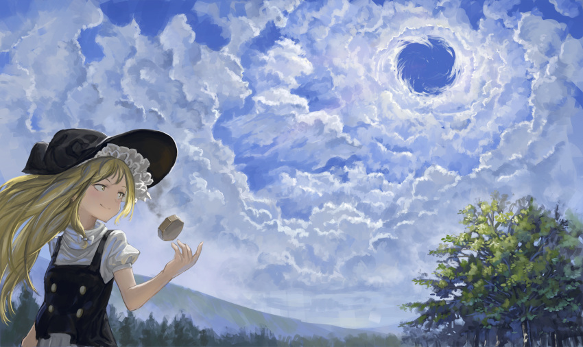 1girl arm_up black_vest blonde_hair blue_sky breasts clouds constricted_pupils day fjsmu forest hair_blowing hat high_collar highres kirisame_marisa looking_away looking_back mini-hakkero mountain nature outdoors puffy_short_sleeves puffy_sleeves shirt short_sleeves sky small_breasts smile solo touhou upper_body vest white_shirt witch_hat yellow_eyes