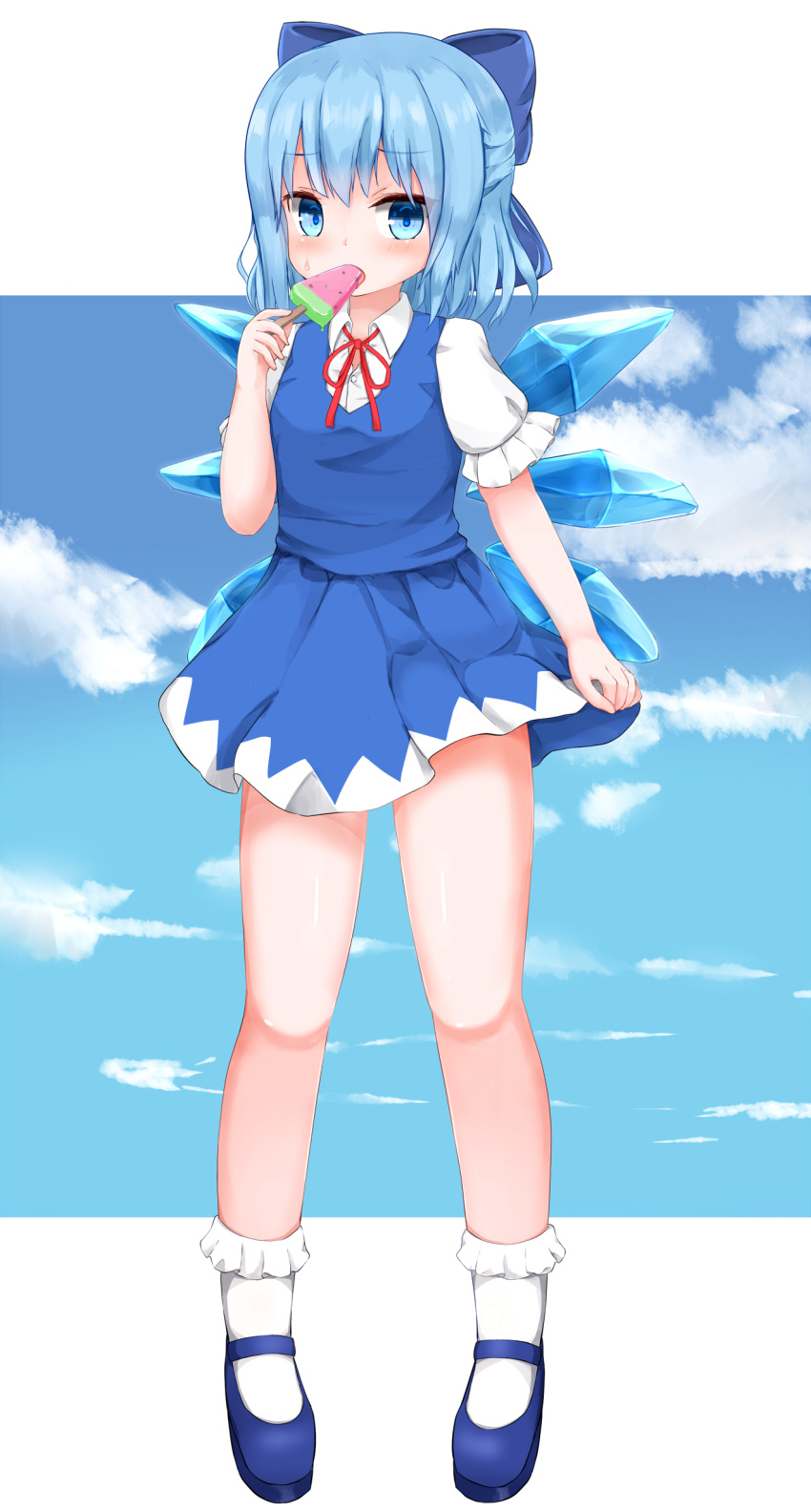 1girl absurdres arm_up blue_dress blue_eyes blue_footwear blue_hair blue_sky blush bobby_socks breasts cirno clouds commentary_request day dress eating eyebrows_visible_through_hair food hair_ribbon highres looking_at_viewer mary_janes neck_ribbon outdoors pinafore_dress popsicle puffy_short_sleeves puffy_sleeves red_neckwear ribbon shirt shoes short_hair short_sleeves skirt_hold sky small_breasts socks solo standing sweat touhou watermelon_bar white_legwear white_shirt wings yobin_(kotohira3689)