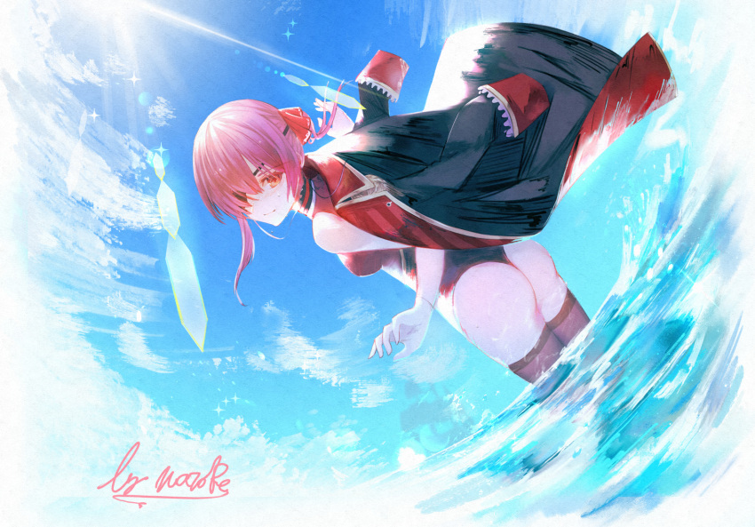 1girl ass bangs bare_shoulders black_eyepatch blue_sky bow breasts closed_mouth clouds eyepatch from_behind hair_bow hair_ornament highres hololive houshou_marine jacket lens_flare long_sleeves medium_breasts no_hat no_headwear ocean orange_eyes outdoors partially_submerged pink_hair signature sky smile solo sunlight thigh-highs virtual_youtuber water water_drop watori_re