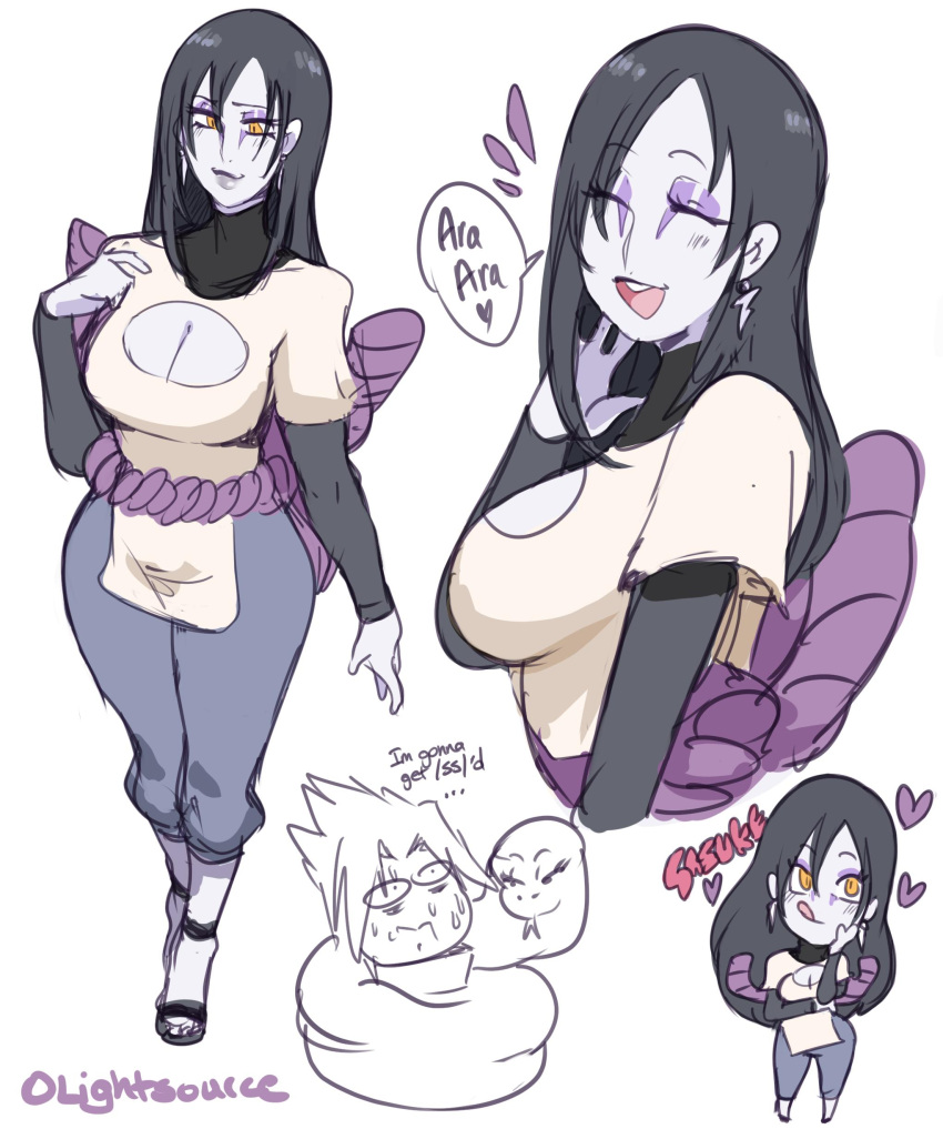 1boy 1girl absurdres artist_name black_hair breasts chibi closed_eyes earrings facial_mark forked_tongue full_body genderswap genderswap_(mtf) heart highres jewelry licking_lips lightsource lips long_hair multiple_views naruto_(series) naruto_shippuuden open_mouth orochimaru pale_skin simple_background sketch slit_pupils smile snake speech_bubble sweat tongue tongue_out uchiha_sasuke white_background yellow_eyes
