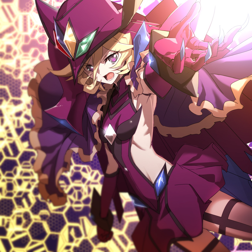 1girl black_legwear blonde_hair blurry capelet carol_malus_dienheim claws commentary_request depth_of_field elbow_gloves gloves hair_between_eyes hat highres hinomoto_madoka looking_at_viewer open_mouth outstretched_arm purple_hair ribs senki_zesshou_symphogear shiny shiny_hair shiny_skin short_hair skirt solo spoilers teeth thigh-highs witch_hat
