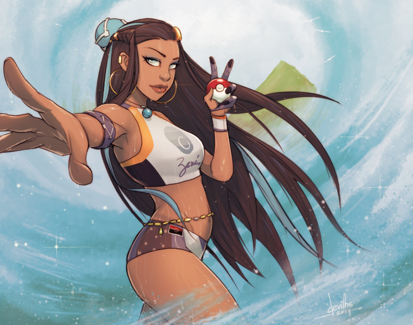 1girl aqua_eyes aqua_hair armlet armpits artist_name belly_chain braid brown_hair bun_cover cowboy_shot dark_skin day devilhs ear_clip earrings eyebrows floating_hair foreshortening french_braid gloves gym_leader hair_bun hair_ornament hands_up holding holding_poke_ball hoop_earrings jewelry lips long_hair looking_at_viewer mid-stride multicolored_hair navel ocean outdoors outstretched_arm outstretched_hand parted_lips partly_fingerless_gloves pendant poke_ball poke_ball_(generic) pokemon pokemon_(game) pokemon_swsh reaching_out rurina_(pokemon) shiny shiny_skin shorts sidelocks signature single_glove smile solo sportswear stomach streaked_hair swimsuit tankini two-tone_hair v very_long_hair wading water waves wet wristband